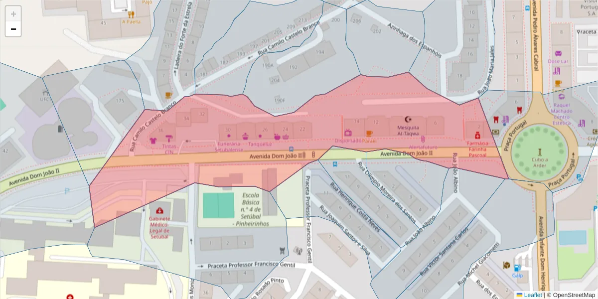 Mapa detalhado do código postal 2910-548 com limites, códigos postais vizinhos e agências dos correios