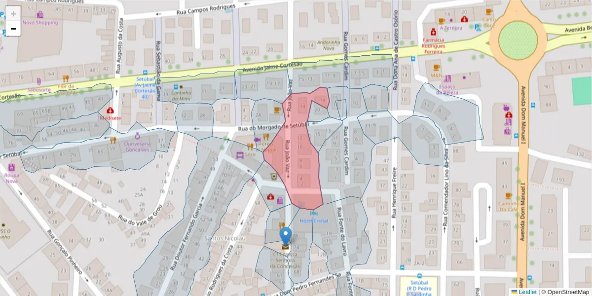 Mapa detalhado do código postal 2910-552 com limites, códigos postais vizinhos e agências dos correios