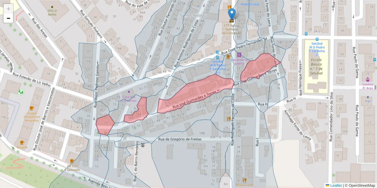 Mapa detalhado do código postal 2910-562 com limites, códigos postais vizinhos e agências dos correios