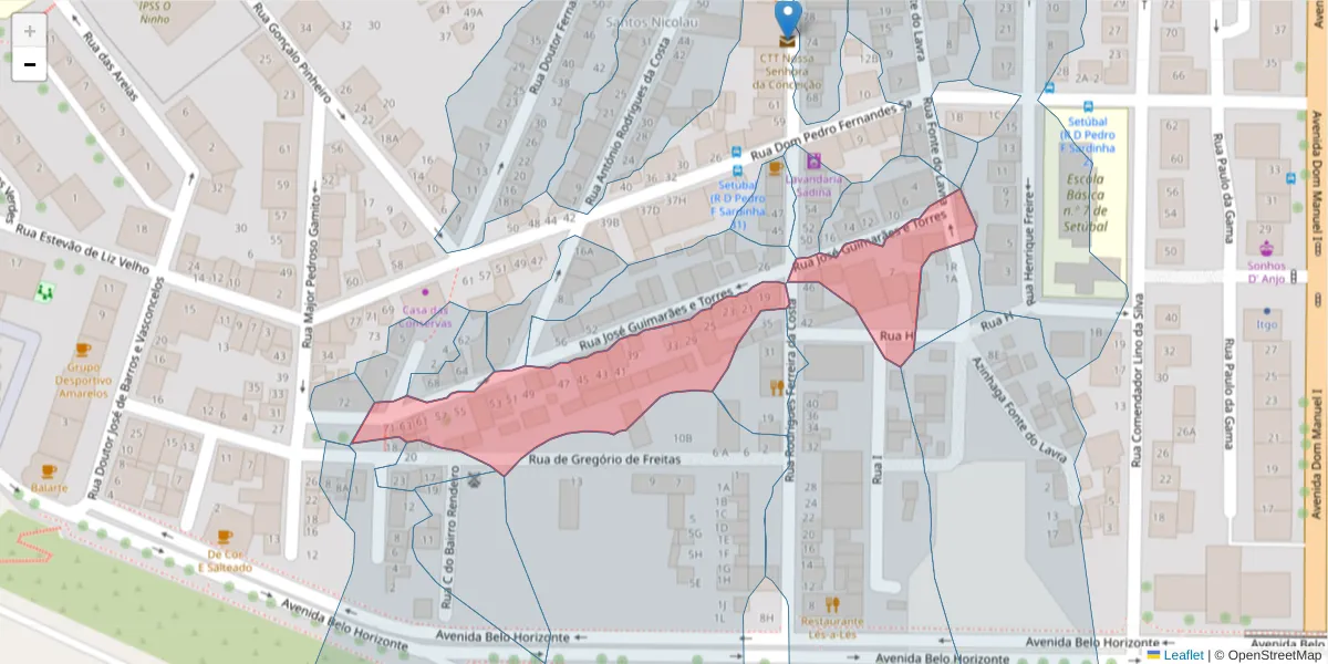 Mapa detalhado do código postal 2910-563 com limites, códigos postais vizinhos e agências dos correios