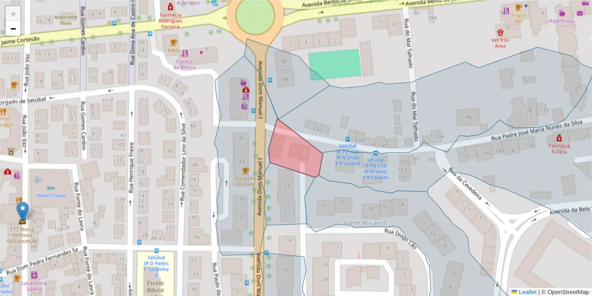 Mapa detalhado do código postal 2910-572 com limites, códigos postais vizinhos e agências dos correios