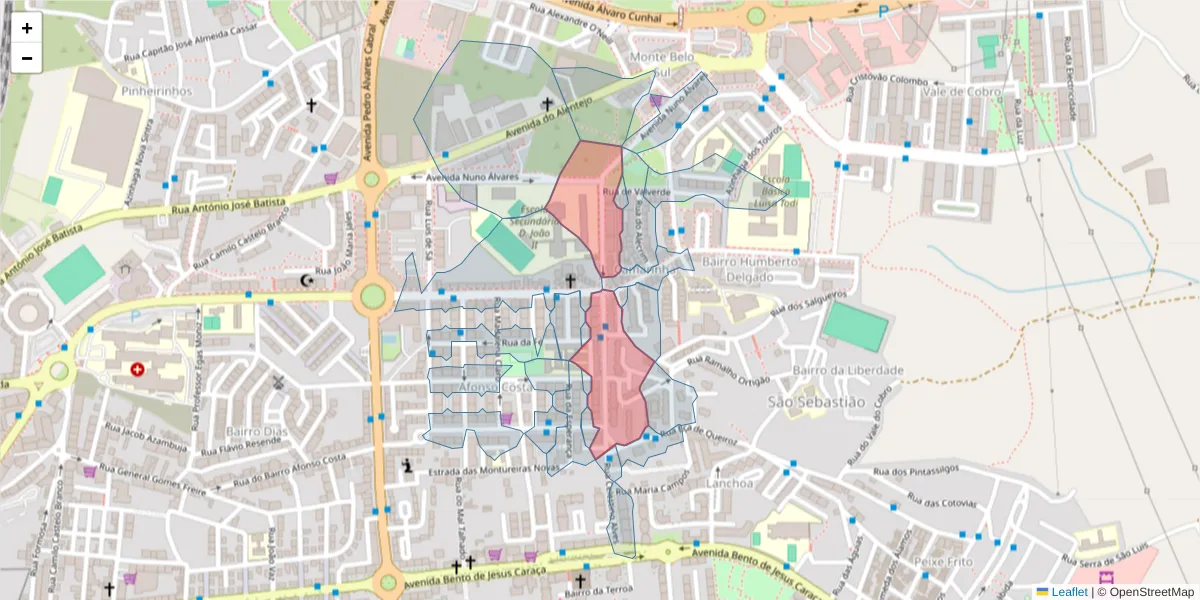 Mapa detalhado do código postal 2910-586 com limites, códigos postais vizinhos e agências dos correios