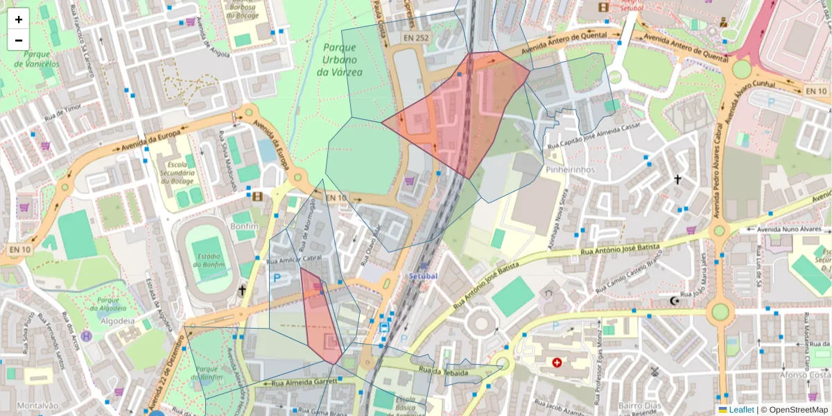 Mapa detalhado do código postal 2910-588 com limites, códigos postais vizinhos e agências dos correios