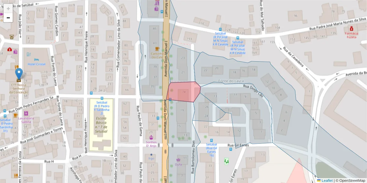 Mapa detalhado do código postal 2910-592 com limites, códigos postais vizinhos e agências dos correios
