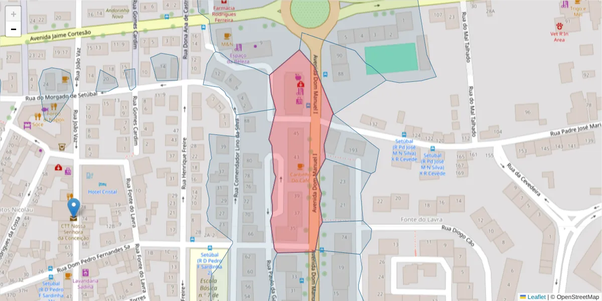 Mapa detalhado do código postal 2910-596 com limites, códigos postais vizinhos e agências dos correios
