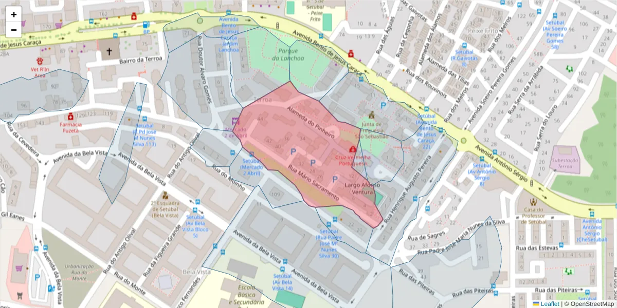 Mapa detalhado do código postal 2910-599 com limites, códigos postais vizinhos e agências dos correios