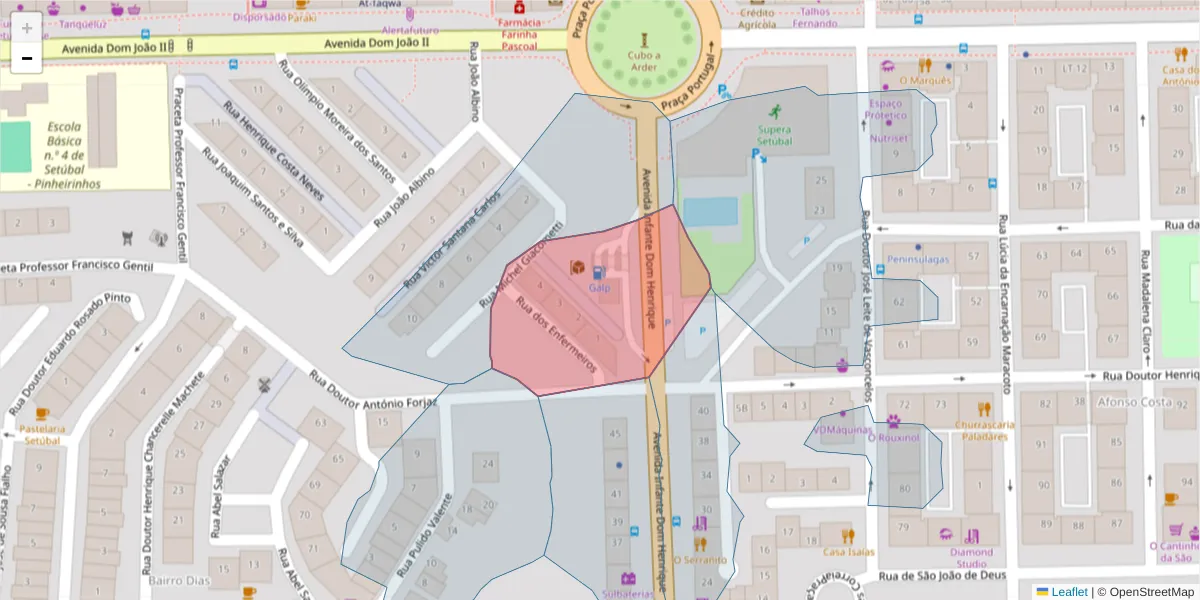 Mapa detalhado do código postal 2910-607 com limites, códigos postais vizinhos e agências dos correios