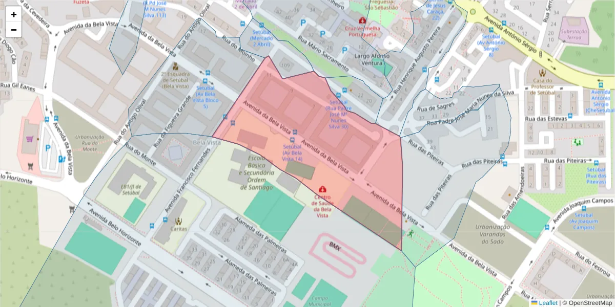 Mapa detalhado do código postal 2910-614 com limites, códigos postais vizinhos e agências dos correios