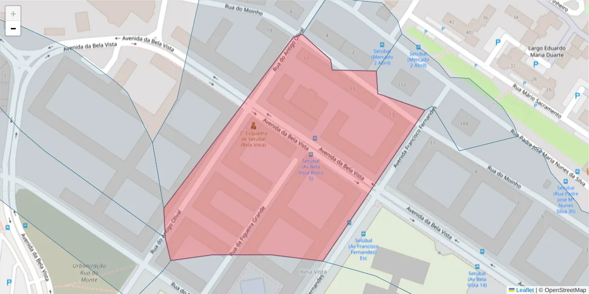 Mapa detalhado do código postal 2910-615 com limites, códigos postais vizinhos e agências dos correios