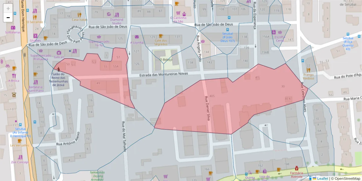 Mapa detalhado do código postal 2910-619 com limites, códigos postais vizinhos e agências dos correios