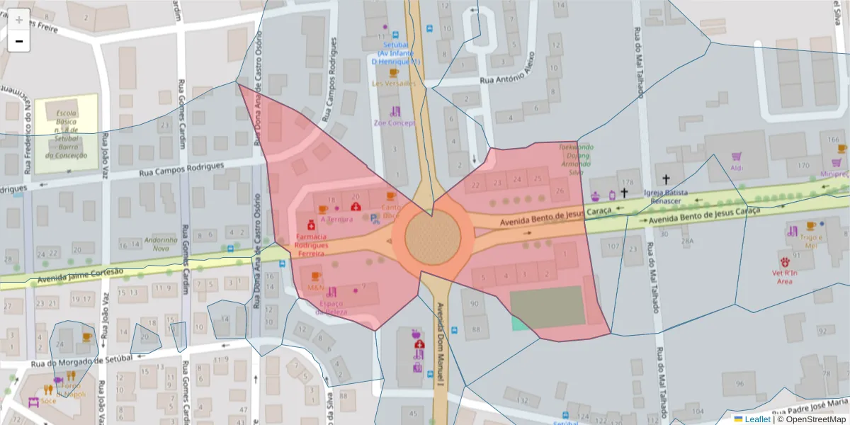 Mapa detalhado do código postal 2910-625 com limites, códigos postais vizinhos e agências dos correios