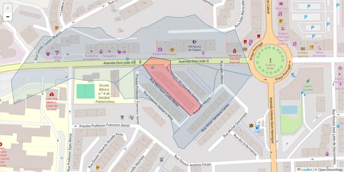 Mapa detalhado do código postal 2910-626 com limites, códigos postais vizinhos e agências dos correios