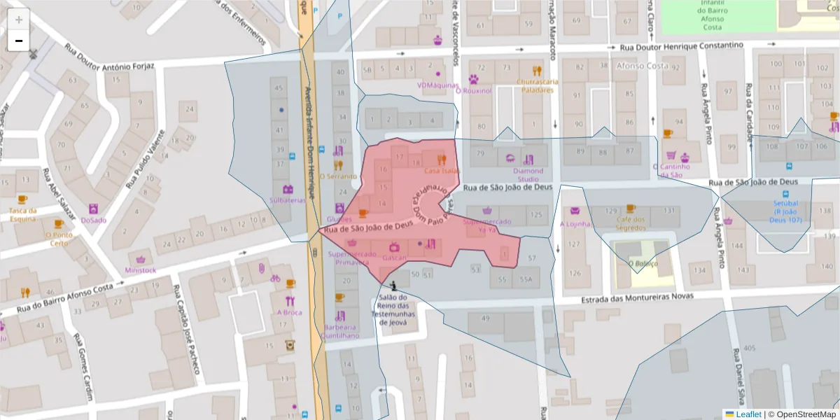 Mapa detalhado do código postal 2910-627 com limites, códigos postais vizinhos e agências dos correios