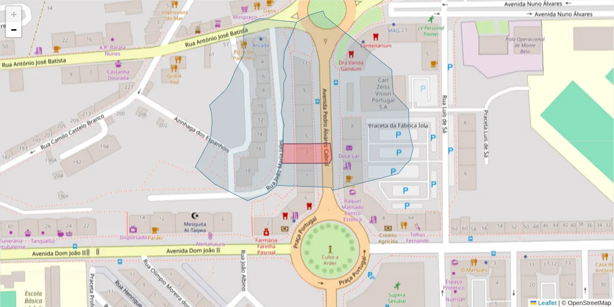 Mapa detalhado do código postal 2910-632 com limites, códigos postais vizinhos e agências dos correios