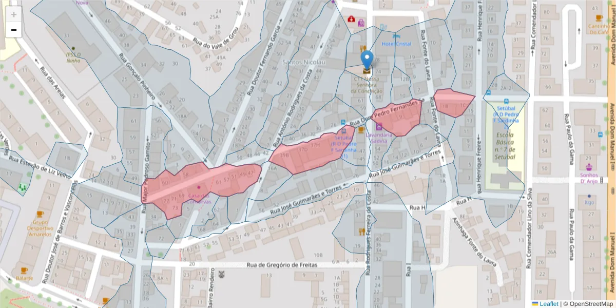 Mapa detalhado do código postal 2910-634 com limites, códigos postais vizinhos e agências dos correios