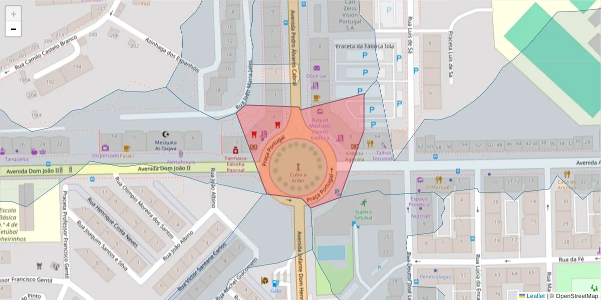 Mapa detalhado do código postal 2910-640 com limites, códigos postais vizinhos e agências dos correios