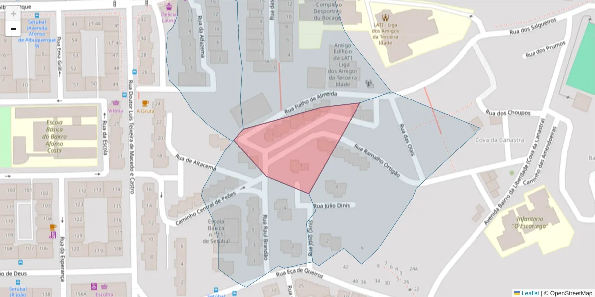 Mapa detalhado do código postal 2910-648 com limites, códigos postais vizinhos e agências dos correios