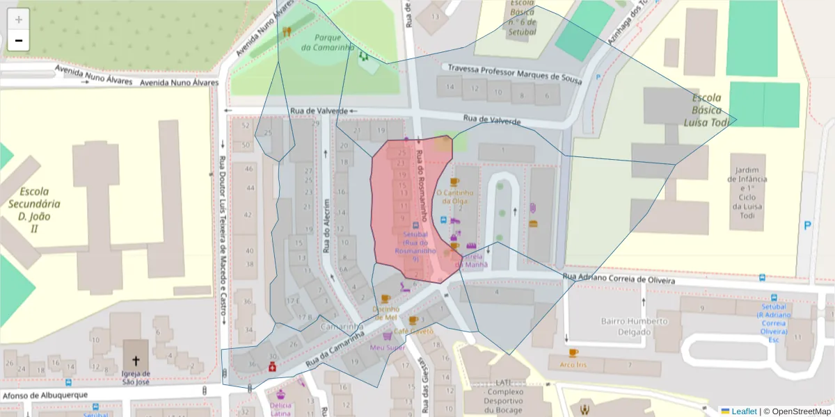 Mapa detalhado do código postal 2910-653 com limites, códigos postais vizinhos e agências dos correios
