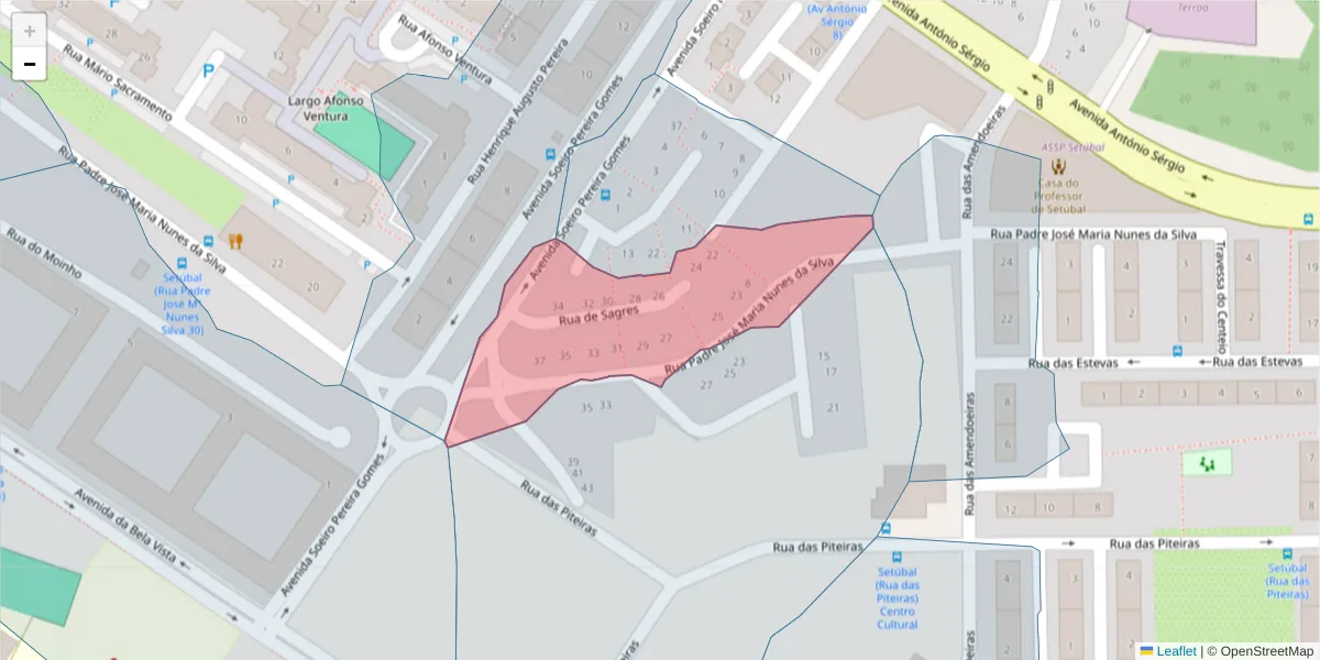 Mapa detalhado do código postal 2910-654 com limites, códigos postais vizinhos e agências dos correios