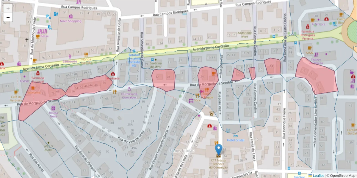 Mapa detalhado do código postal 2910-671 com limites, códigos postais vizinhos e agências dos correios