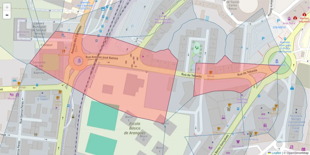 Mapa detalhado do código postal 2910-681 com limites, códigos postais vizinhos e agências dos correios