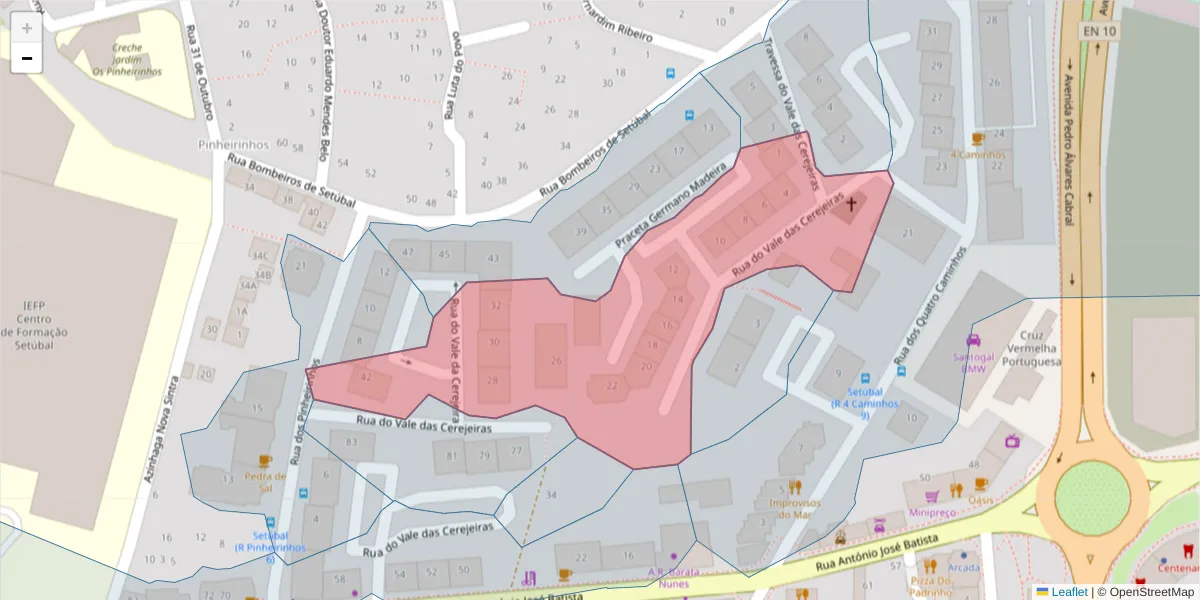 Mapa detalhado do código postal 2910-692 com limites, códigos postais vizinhos e agências dos correios