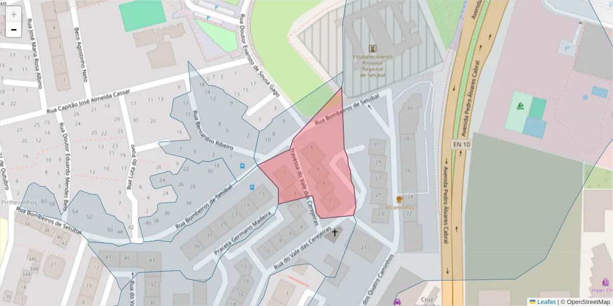 Mapa detalhado do código postal 2910-694 com limites, códigos postais vizinhos e agências dos correios