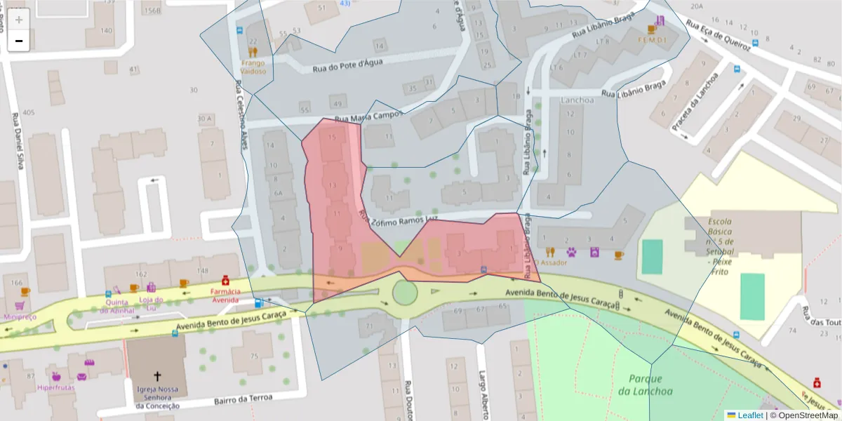 Mapa detalhado do código postal 2910-704 com limites, códigos postais vizinhos e agências dos correios