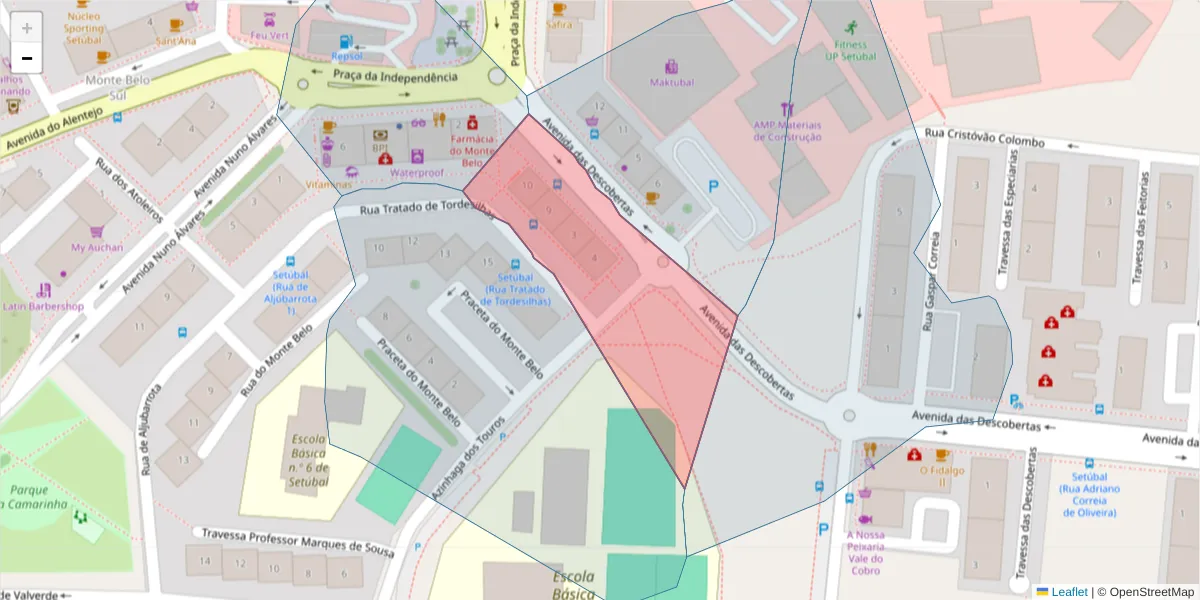 Mapa detalhado do código postal 2910-707 com limites, códigos postais vizinhos e agências dos correios