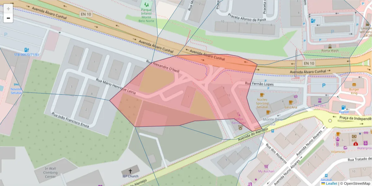 Mapa detalhado do código postal 2910-713 com limites, códigos postais vizinhos e agências dos correios
