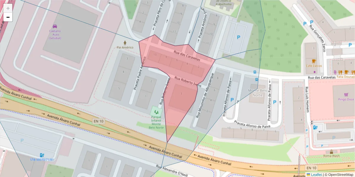 Mapa detalhado do código postal 2910-721 com limites, códigos postais vizinhos e agências dos correios