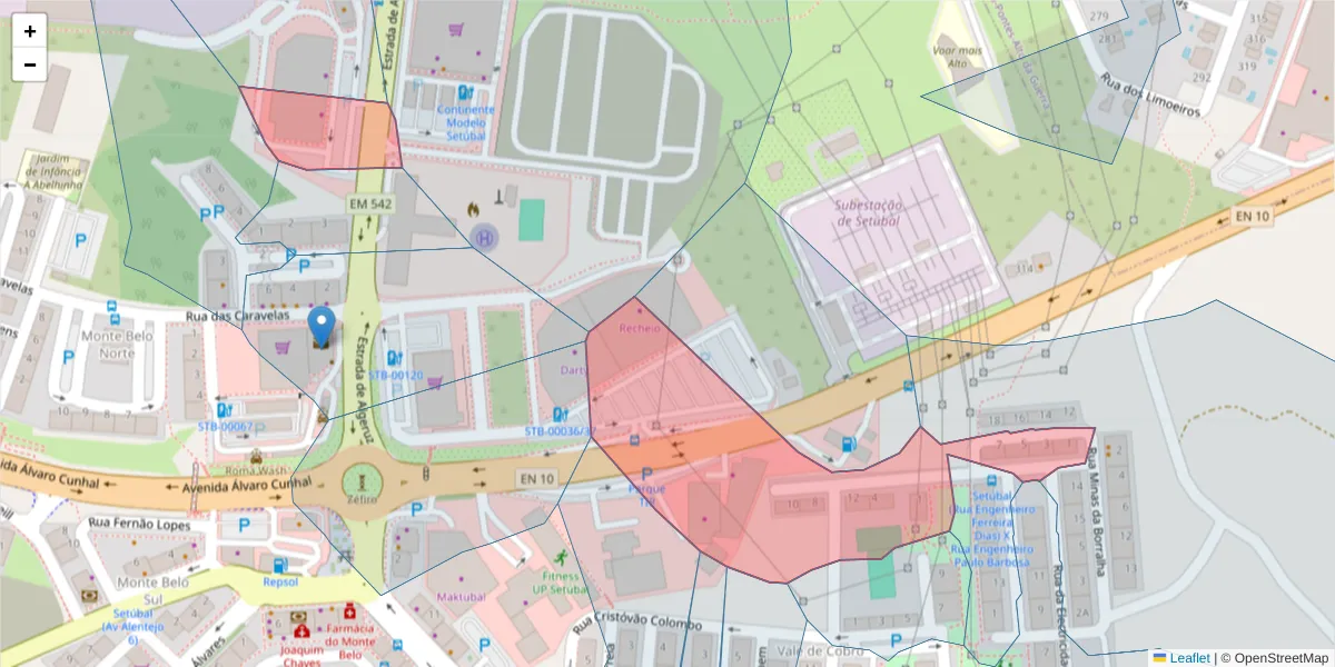 Mapa detalhado do código postal 2910-725 com limites, códigos postais vizinhos e agências dos correios