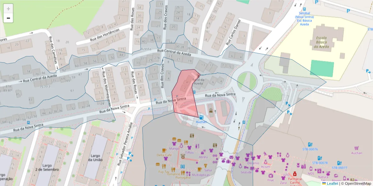 Mapa detalhado do código postal 2910-739 com limites, códigos postais vizinhos e agências dos correios