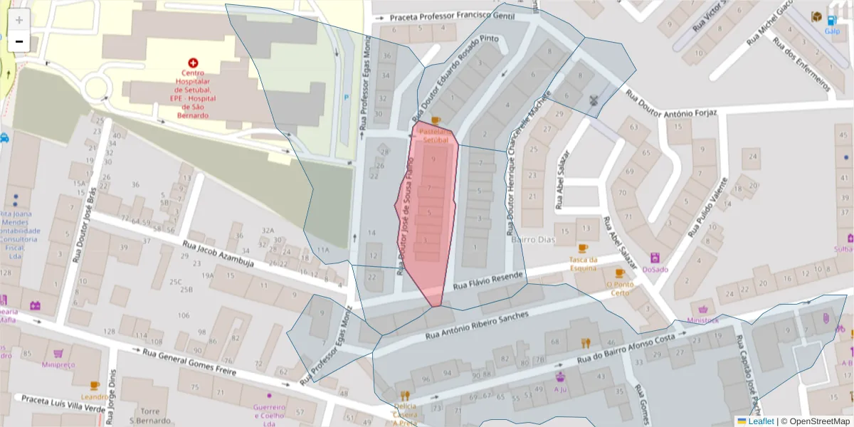 Mapa detalhado do código postal 2910-767 com limites, códigos postais vizinhos e agências dos correios