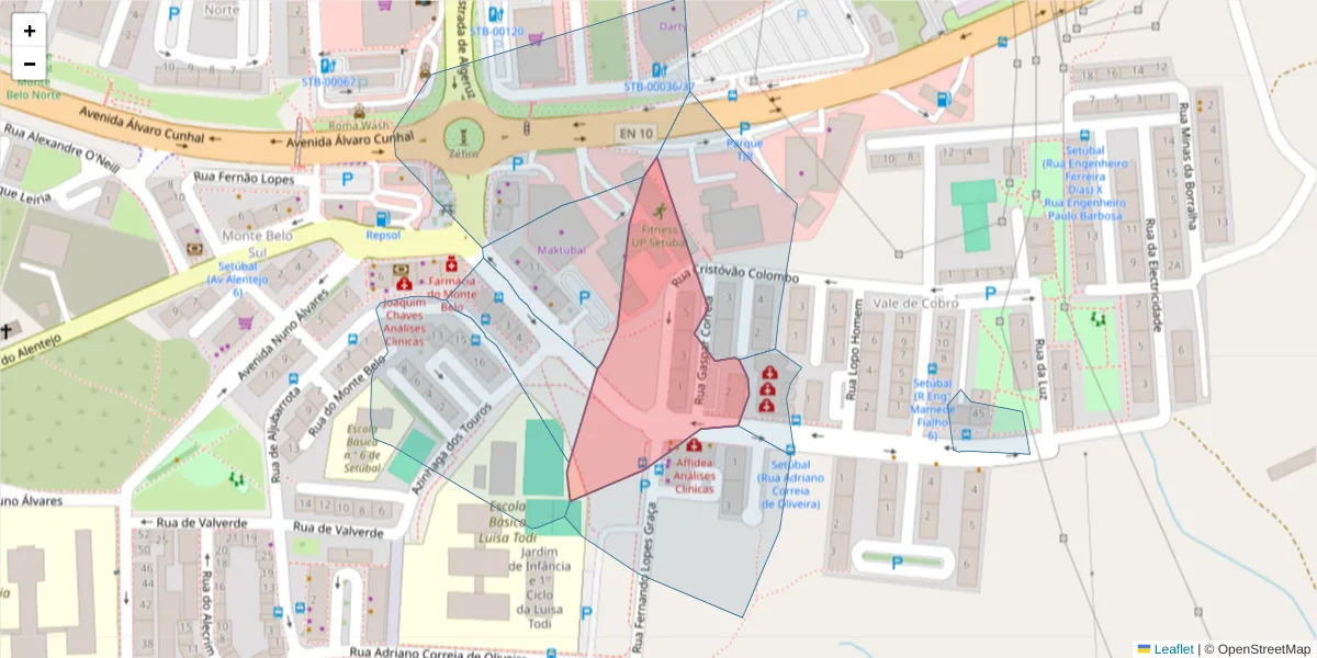 Mapa detalhado do código postal 2910-778 com limites, códigos postais vizinhos e agências dos correios
