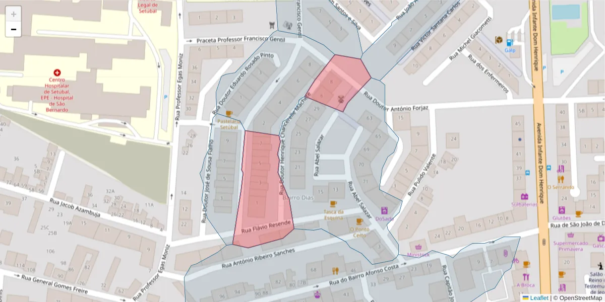 Mapa detalhado do código postal 2910-779 com limites, códigos postais vizinhos e agências dos correios