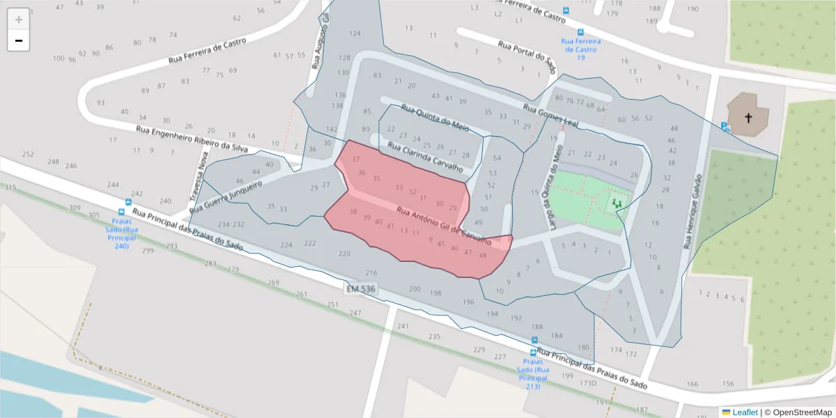 Mapa detalhado do código postal 2910-808 com limites, códigos postais vizinhos e agências dos correios