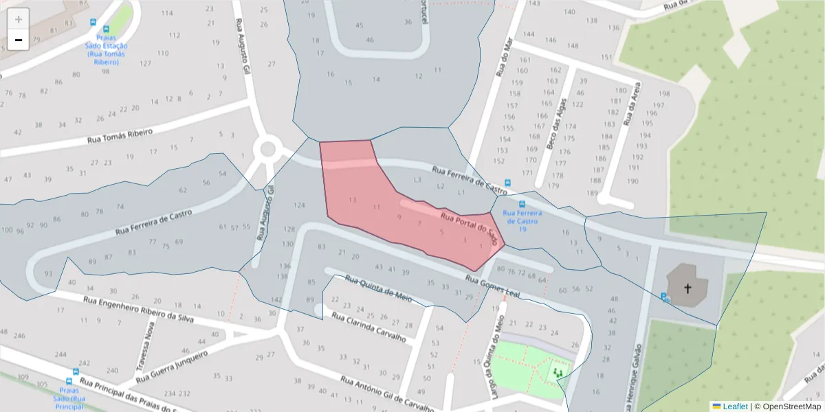 Mapa detalhado do código postal 2910-816 com limites, códigos postais vizinhos e agências dos correios