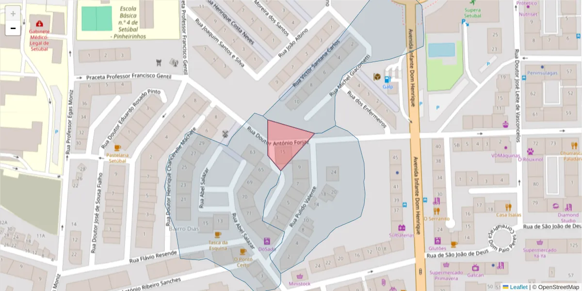 Mapa detalhado do código postal 2910-822 com limites, códigos postais vizinhos e agências dos correios
