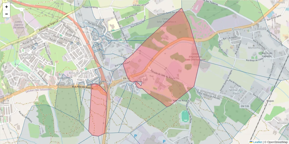 Mapa detalhado do código postal 2910-831 com limites, códigos postais vizinhos e agências dos correios