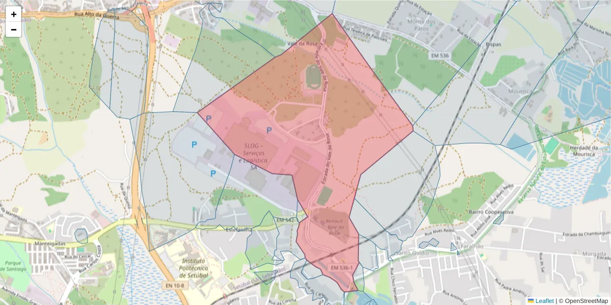 Mapa detalhado do código postal 2910-845 com limites, códigos postais vizinhos e agências dos correios