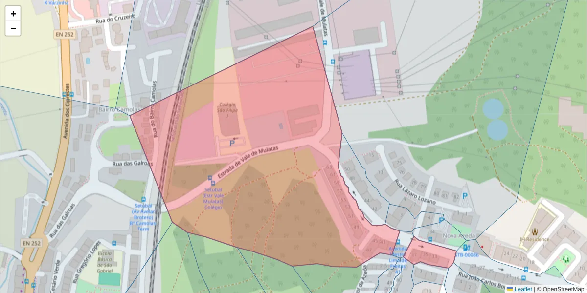 Mapa detalhado do código postal 2910-865 com limites, códigos postais vizinhos e agências dos correios