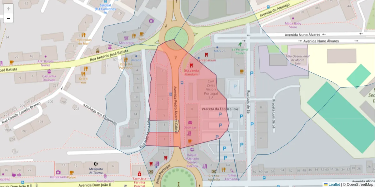 Mapa detalhado do código postal 2910-869 com limites, códigos postais vizinhos e agências dos correios