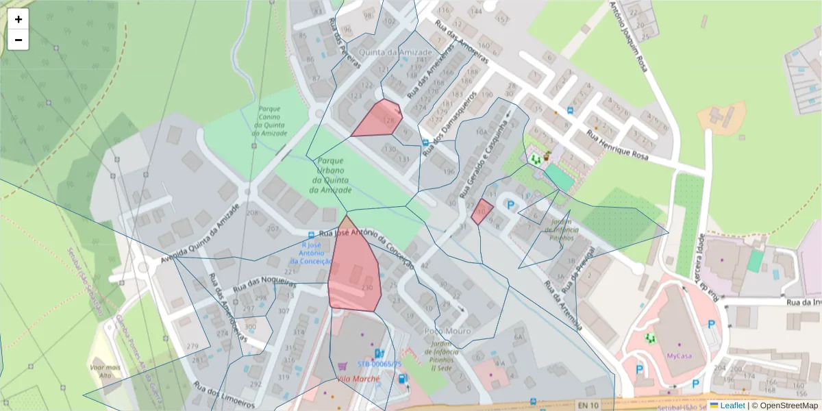 Mapa detalhado do código postal 2910-995 com limites, códigos postais vizinhos e agências dos correios