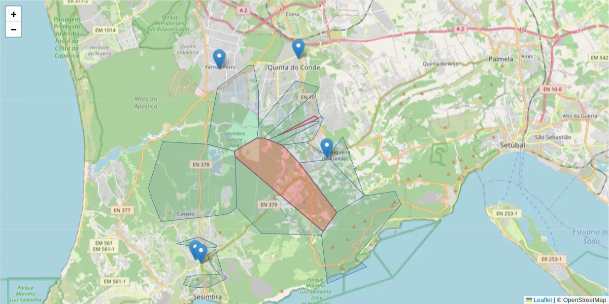 Mapa detalhado do código postal 2925-002 com limites, códigos postais vizinhos e agências dos correios