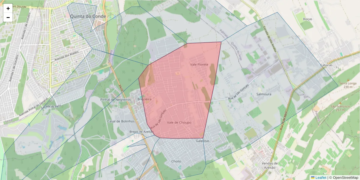 Mapa detalhado do código postal 2925-247 com limites, códigos postais vizinhos e agências dos correios