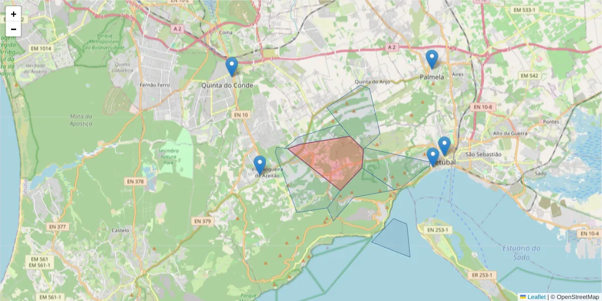 Mapa detalhado do código postal 2925-469 com limites, códigos postais vizinhos e agências dos correios