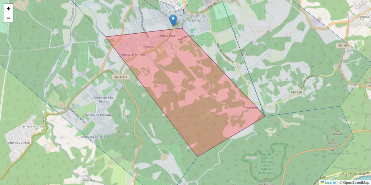 Mapa detalhado do código postal 2925-777 com limites, códigos postais vizinhos e agências dos correios