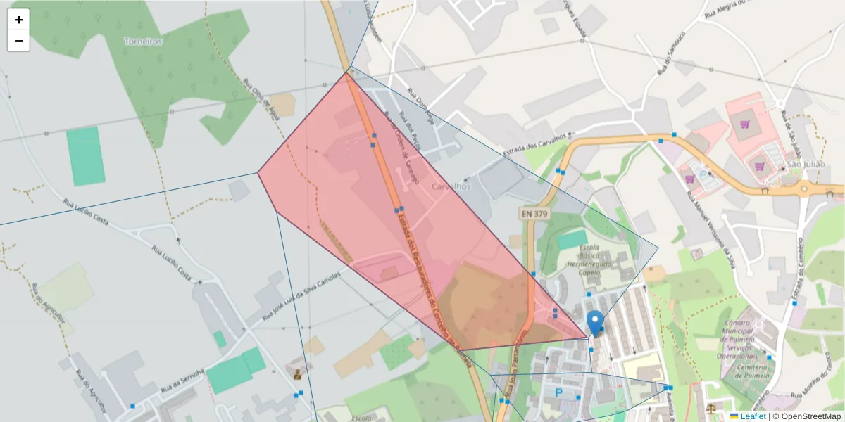 Mapa detalhado do código postal 2950-000 com limites, códigos postais vizinhos e agências dos correios