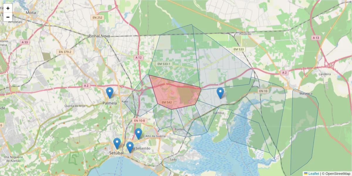 Mapa detalhado do código postal 2950-051 com limites, códigos postais vizinhos e agências dos correios